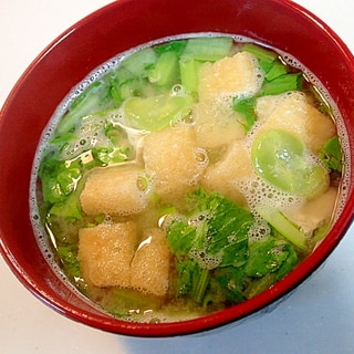 鯛のアラ出汁で　小松菜とあげとそら豆のお味噌汁♪